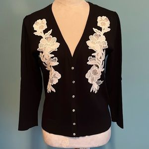 INC black cardigan sweater w/creme floral appliqué M